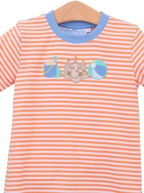 Trotter Street Kids' Orange & White Stripe Tee with Blue Trim and Beach Patch